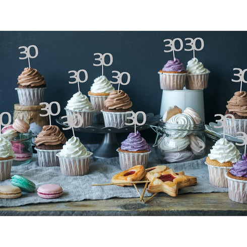 Sumerk 24PCS 30 Cupcake toppers Silver Glitter 30th Birthday Cupcake Picks Anniversary Party Decorations...