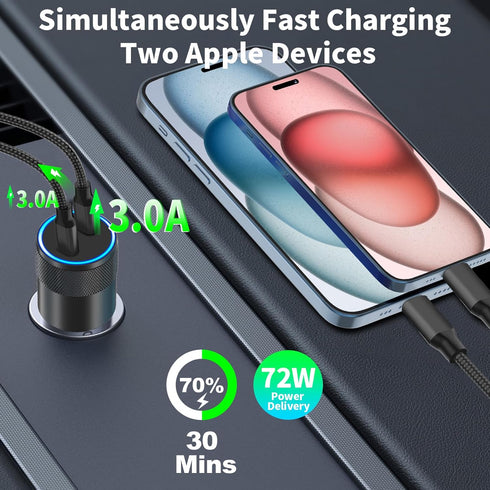 ?MFi Certified?iPhone Car Charger Fast Charging, Braveridge 72W Dual PD Car Power Cigarette Lighter USB-C Car Charger+Lightning&Type-C Braided Cab...