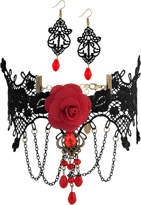 Sacina Set Red Flower Choker Earrings, Black Velvet Victorian Choker Necklace, Gothic Choker, Vintage Necklace, Costume Jewelry, Christmas Jewlery...