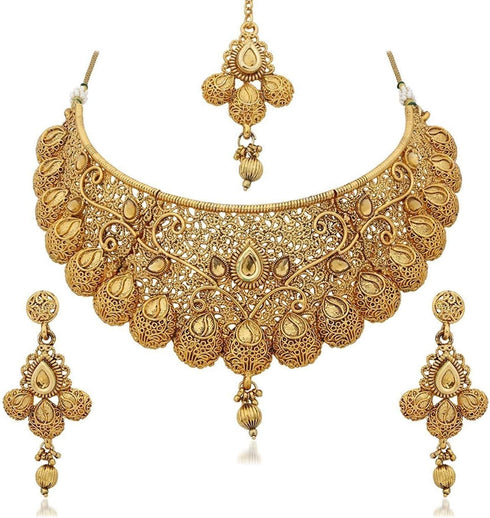 Efulgenz Indian Bollywood Traditional Crystal Kundan Choker Necklace Earrings Maang Tikka Wedding Bridal Jewelry Set For Women...
