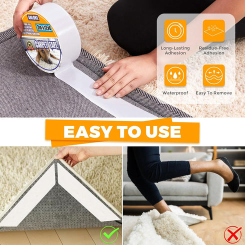 Double Sided Carpet Tape for Area Rugs -Rug Tape 2 Inch x 12 Yards - Residue-Free Heavy Duty Rug Tape Gripper for Hardwood Floors?Removable,...