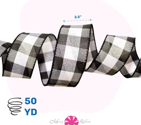 Morex Ribbon 7398.60/50-613 Cambridge 2.5" X 50 YD Wired Ribbon, Black and White, Buffalo Check Plaid Ribbon for Gift Wrapping, Christmas Decorati...