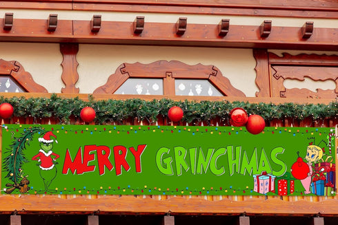 Nepnuser Grinchmas Fence Banner Christmas Green Elf Winter Holiday Party Decoration Xmas Large Home Garden Outdoor Yard Hanging Sign-1.6 * 8.2ft (...