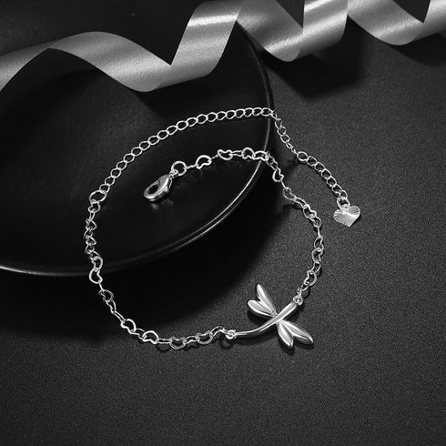 Fashion Jewelry 925 Sterling Silver Cute Dragonfly Heart Chain Anklet...
