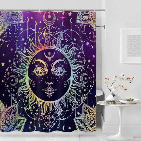 Sun Moon Shower Curtain Burning Sun with Star Psychedelic Theme Bath Curtain, Washable Upgrade Polyester Fabric for Bathroom Set with Hooks, Purpl...