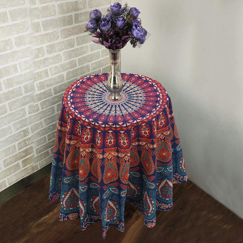 raajsee Round Beach Tapestry Blue Orange Mandala Throw/Boho Hippie Beach Blanket Roundie/Indian Cotton Bohemian Large Round Table Cloth/Yoga Mat M...