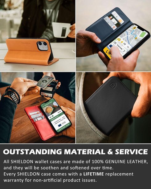 SHIELDON Case for iPhone 12 Mini 5G Genuine Leather Wallet Flip Magnetic Cover RFID Blocking Credit Card Holder Kickstand TPU Shockproof Case Comp...