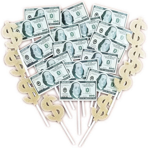 250gsm Cardstock 24pcs 100 Dollar Bill Cupcake Toppers Dollar Sign Cupcake Toppers Money Themed Decors for Birthday Anniversary Wedding Bridal Sho...