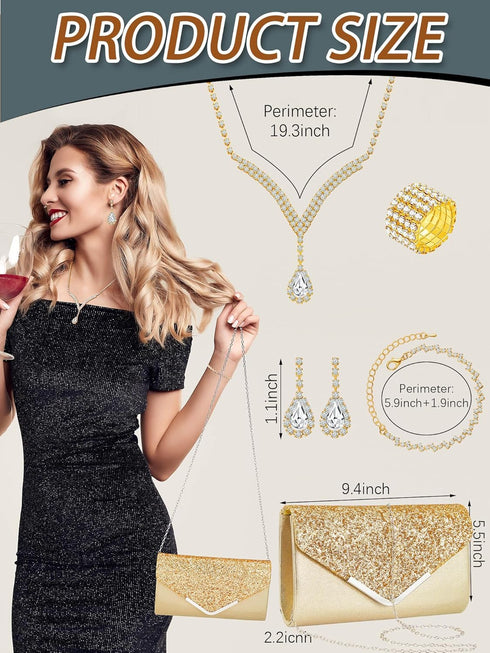 Henoyso 5 Pcs Purse Rhinestone Jewelry Set Rhinestone Clutch Purse Bride Prom Jewelry Necklace Earrings Bracelets for Women (Gold Classic, Novel S...