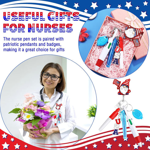 6 Pcs Nurse Pen Set Include 4th of July Gnome Retractable Nurse Badge Reel Highlighter Permanent Marker Retractable Ball Pen LED Flashlight Keycha...