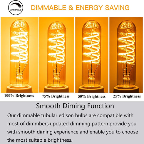 T10 LED Bulbs 40 Watt Equivalent 4W Dimmable Edison Tubular Light Bulb E26 Medium Base 2700K Warm White, T10 Vintage Amber Glass Spiral Filament L...