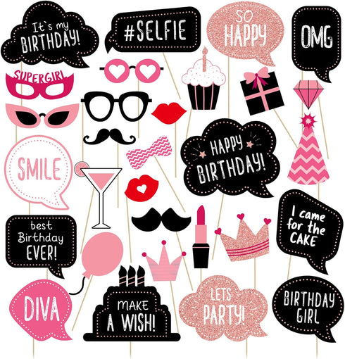 Birthday Photo Booth Props Kit - Happy Birthday Party Favors Supplies Bday Party Decoration Set with Real Glitter Cute Bday Designs for Women - Ea...