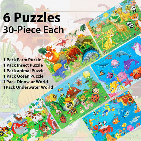 Wooden Jigsaw Puzzles for Kids Ages 3-5 Year Old, 6 Pack 30 Pieces Kids Puzzles Colorful Preschool Educational Learning Toys Present Set for Toddl...