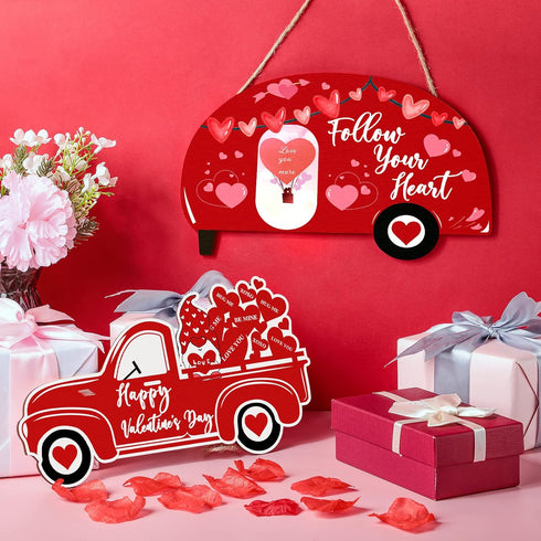 2 Pieces Valentine's Day Decor Valentine's Day Heart Sign Valentine's Day Wooden Wall Decor Happy Valentine's Day Truck Hanging Decorations for Ho...