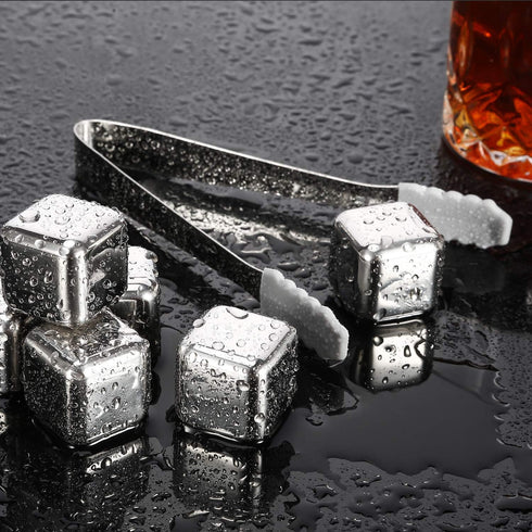 Whiskey Stones Gift Set – 6 Reusable Stainless Steel Chilling Rocks with Tongs for Scotch, Bourbon, Cocktails, and More...