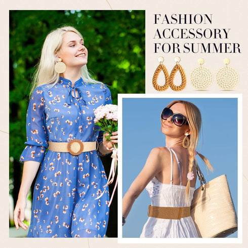 6 Packs Women Belt Straw Woven Elastic Wide Stretch Waist Belt Rattan Earrings Set, Tassel Hoop Drop Dangle Bohemian Fashion Earrings and Dress Br...