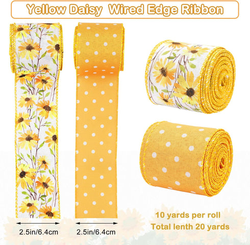 AnyDesign Daisy Dots Wired Edge Ribbon Yellow White Craft Ribbon Spring Summer Flower Fabric Ribbon for Wreath Bow Making DIY Crafts Wrapping Part...