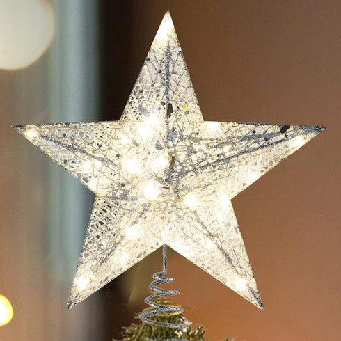 Christmas Tree Topper Star, Callenbach Led Metal Star Light Up Xmas Decorations Christmas Tree Bow Top Lighted Glitter Ornaments 10 inches Silver...