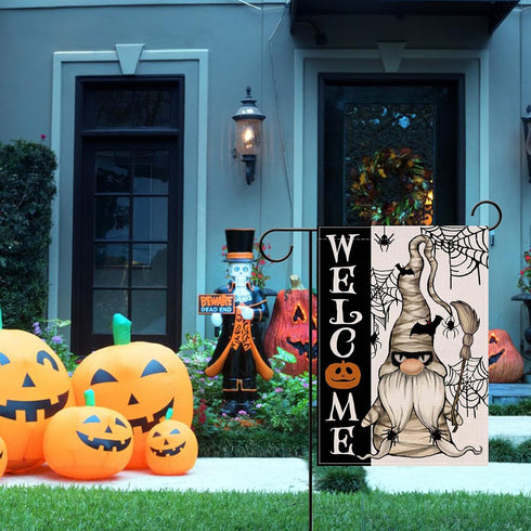 Welcome Halloween Mummy Gnome Small Decorative Garden Flag, Scary Spider Web Bat Yard Lawn Outside Decor, Jack O Lantern Pumpkin Burlap Outdoor Ho...