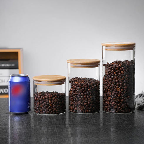 MOLFUJ 960 ML / 32 FL Oz Glass Storage Container with Wood Lid, Stackable Clear Decorative Organizer Bottle Canister Pantry Jar with Air Tight Woo...