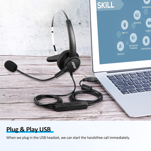 AGPTEK® Hands-Free Call Center Noise Cancelling Corded Monaural Headset USB Headset with Microphone for PC Headphone with Mic Mircrophone - Cord w...