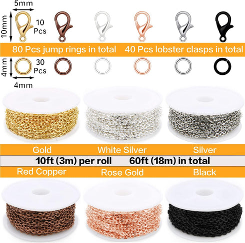 Jishi 60ft Jewelry Necklace Chains 2mm Jewelry Chain Links for Making Bracelets Earrings DIY Craft Supplies Findings, 6-Colors Gold Silver Copper ...
