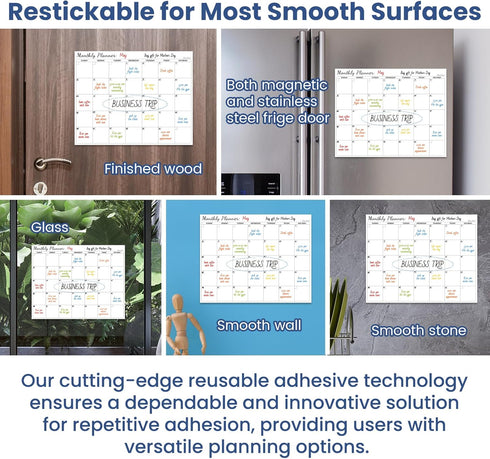 Clever Clean Non-Magnetic Dry Erase Calendar for Fridge, Reusable Calendar with 6 Dry Erase Markers, Whiteboard Calendar Sticks to Any Smooth Surf...
