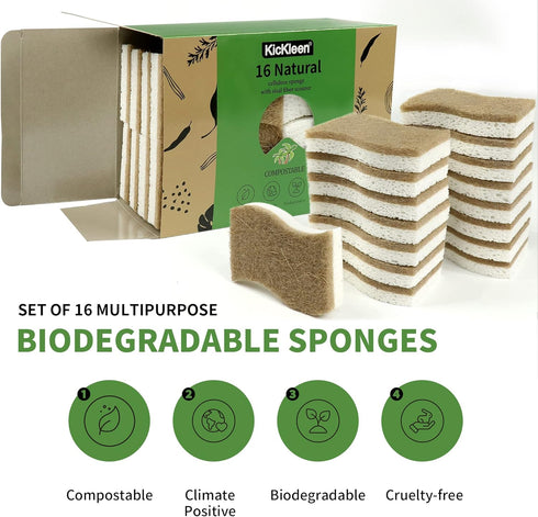 16 Pack Biodegradable Natural Kitchen Sponge - Compostable Cellulose and Coconut Walnut Scrubber Sponge - Eco Friendly Sustainable Sponges for Dis...