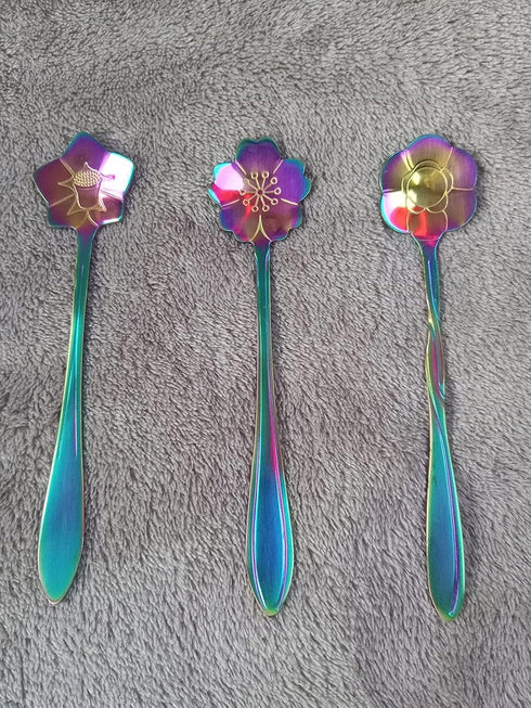 8 Pieces Rainbow Flower Spoon Coffee Teaspoon Set, Stainless Steel Stirring Spoon Tea Spoon Sugar Spoon, 8 Different Patterns...