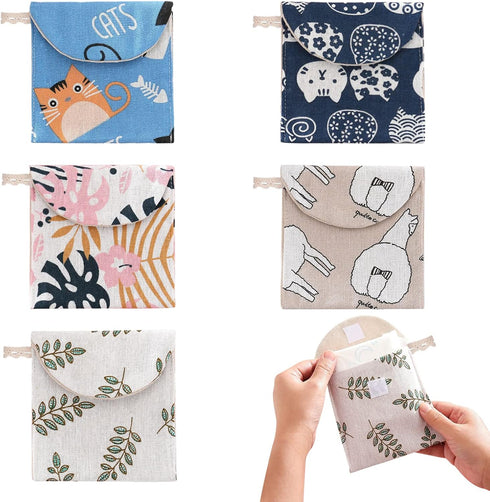 5 Pack Sanitary Napkin Storage Bags Cute Pattern Sanitary Pad Storage Pouch Portable Mini Menstrual Bag Pouch Kit for Women and Teen Girls (5 Styl...