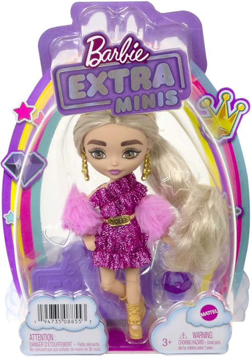 Barbie Extra Minis Doll & Accessories with Blonde Hair Wearing Shimmery Dress & Furry Shrug, 5.5-inch...