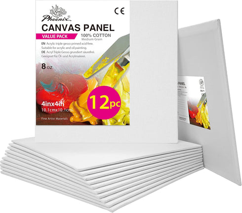 PHOENIX Small Painting Canvas Panels 4x4 Inch, 12 Value Pack - 8 Oz Triple Primed 100% Cotton Acid Free Square Canvas Boards for Painting, White B...