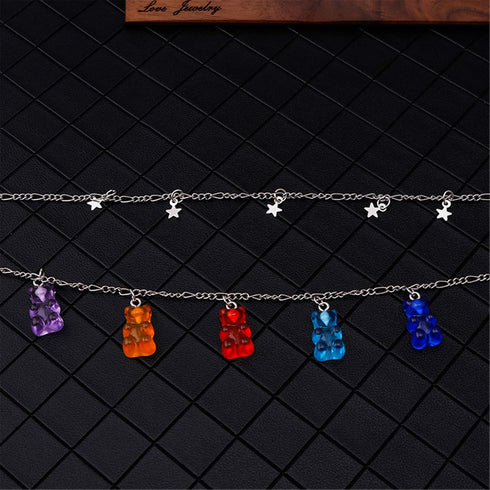 N/Q Layered Punk Gothic Resin Gummy Cartoon Bear Link Chain Pendant Necklace Colorful Rock Hip Hop Transparent Animal Choker Necklace for Women Pa...