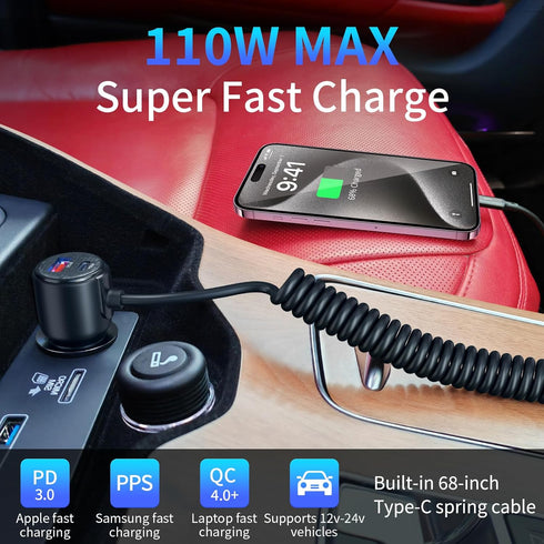 110W Fast Charging USB Car Charger, 3-Port Type-C Car Adapter with Retractable Cable for iPhone15/14/13, iPad, MacBook, Samsung Galaxy, and Other ...