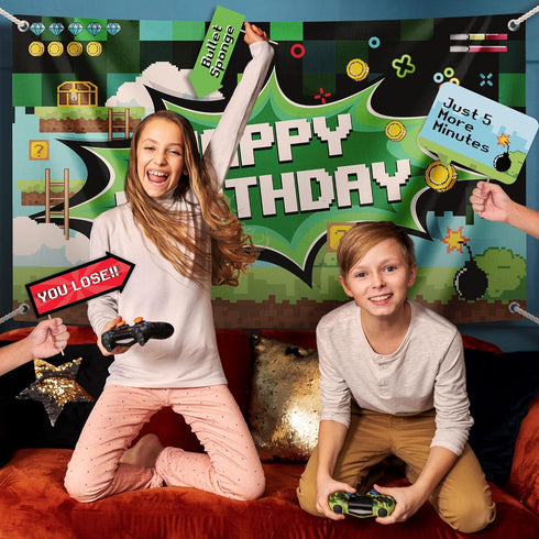 Video Game Party Decoration Kit - Includes Photography Backdrop & 10 Studio Selfie Photo Booth Props with Sticks - Gamer Theme Studio Background B...