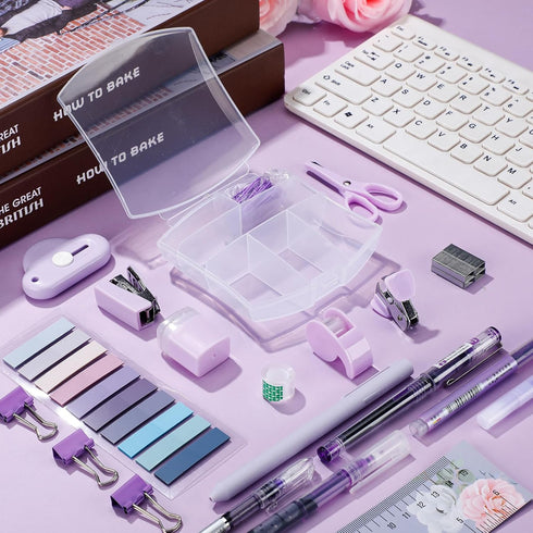 Mini Office Supply Kit Includes Stapler Tape Dispenser Staple Remover Paper Clips Scissor Staples Pen Sharpener Note Small Telescopic Knife for Of...