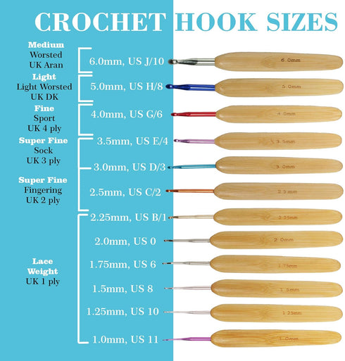 JubileeYarn Bamboo and Metal Crochet Hooks - Natural Finish - 12pc Set...