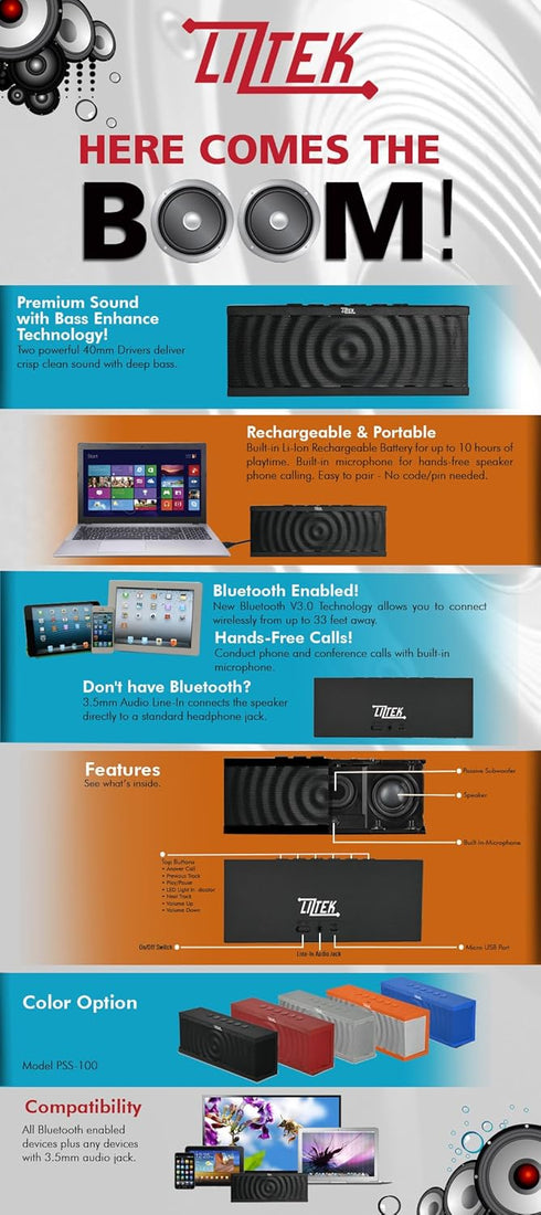 PSS-100 Portable Wireless Bluetooth Speaker with Built in Speakerphone, 10 Hour Rechargeable Battery Perfect Speaker for iPhone, Samsung and More...