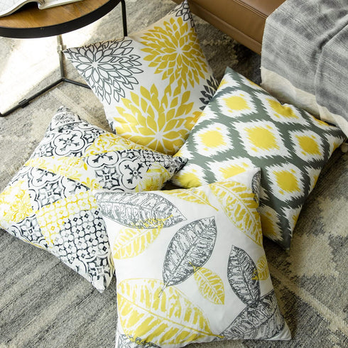 Phantoscope Set of 4 New Living Series Leaf Geometric Yellow and Grey Throw Decorative Pillow Cover Cushion Cover 18 x 18 inches 45 x 45 cm...