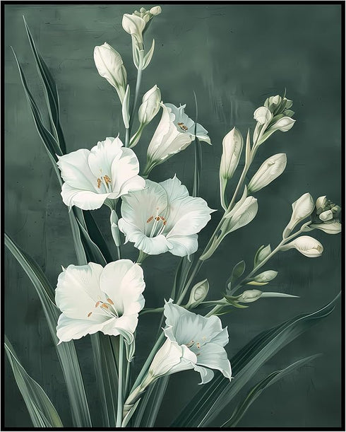 Posterizer 1 pcs-white minimalistic flowers-green background-Floral & Botanical Art-Abstract & Modern Art-Decor for Home & Office- UNFRAMED Wall A...