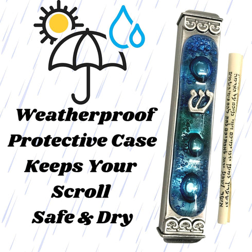 Tamara Baskin Art Glass Mediterranean Sea Mezuzah, Weatherproof Metal Case - Gift Box and Scroll Included - Handmade in the USA - Guaranteed for L...