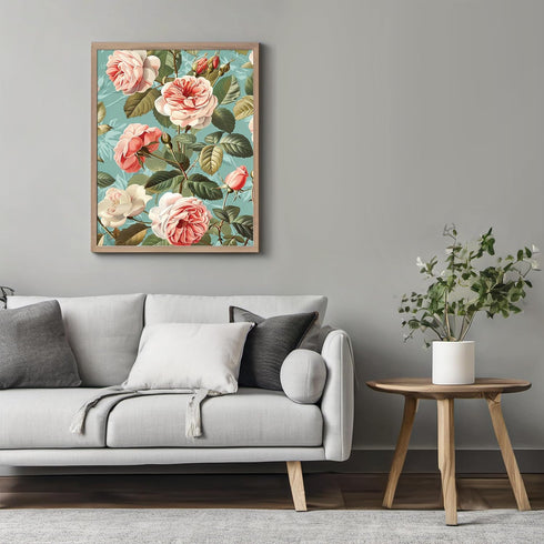 Posterizer 1 pcs-pastel blush pink flowers with blue background-Floral & Botanical Art-Abstract & Modern Art-Decor for Home & Office- UNFRAMED Wal...