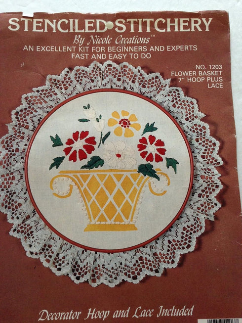 Nicole Creations Stenciled Stitchery Flower Basket Hoop & Lace Embroidery Kit No. 1203......