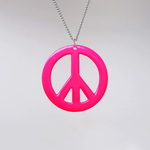 Hot Pink Hippie Peace Sign Pendant Necklace Enamel on Pewter Cosplay Jewelry...