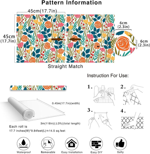 HAOKHOME 93386-4 Peel and Stick Wallpaper Floral Removable Stick on Contact Paper for Bathroom White/Orange/Green 17.7in x 9.8ft...