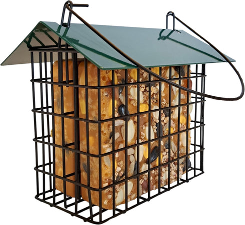 Double Suet Feeder with Green Metal Roof, Holds 2 Suet Cakes, Hanging Bird Feeder for Woodpeckers, Blue Jays, Chickadees, Nuthatches...