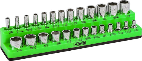 ARES 60005-26-Piece 1/4 in SAE Magnetic Socket Organizer -GREEN -Holds 13 Standard (Shallow) and 13 Deep Sockets -Perfect for your Tool Box -Also ...