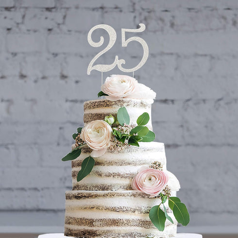 25 Cake Topper - Premium Silver Metal - 25th Birthday or Anniversary Party Sparkly Rhinestone Decoration Makes a Great Centerpiece - Now Protected...
