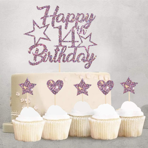 Purple Glitter Happy 14th Birthday Cake Topper with Cupcake Toppers - 14th Birthday Cupcake Decoration, 14th Birthday Cake Decor for Boys or Girls...