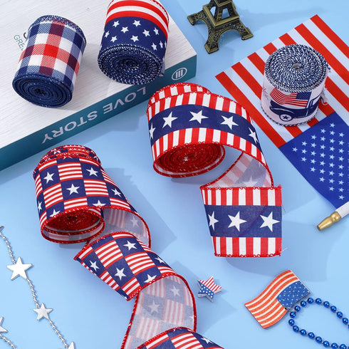 30 Yards Patriotic Wired Edge Ribbon American Flag Stars Stripes Truck Craft Ribbon 4th of July Fabric Ribbon for Independence Day Memorial Day Wr...